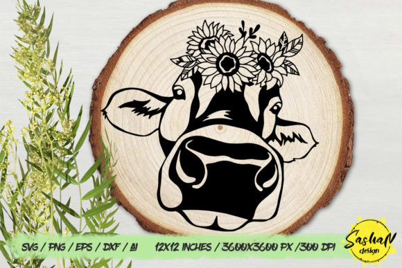 Cow with Flowers, Farm Animals Graphics for Crafts