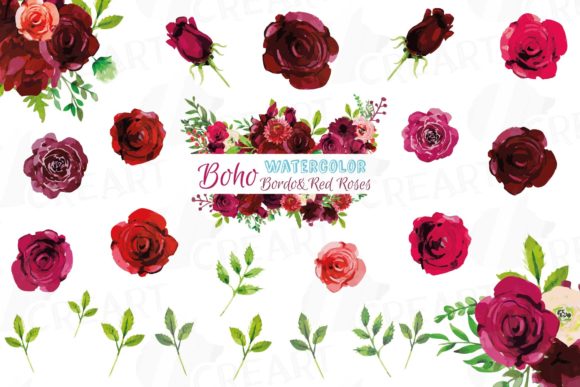 Watercolor Burgundy Red Roses Green Leaf Graphics for Print Templates